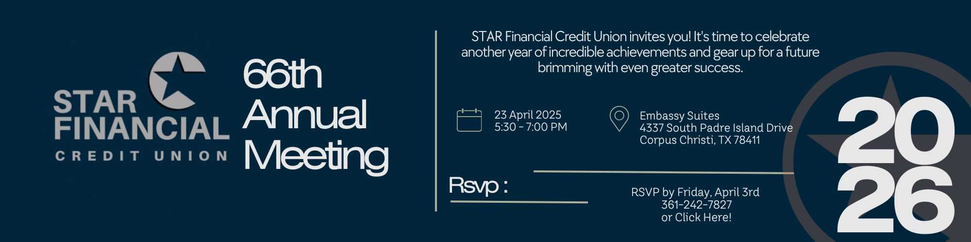 2026 Annual Meeting Notice. Thursday, 4/23/2026 at 5:30-7:00 PM. Embassy Suites in Corpus Christi, Texas. Click here to RSVP.